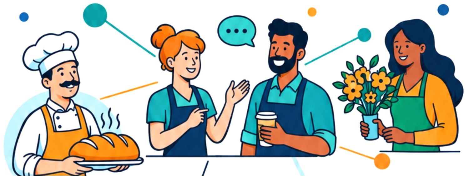 Illustration of friendly local business owners: a baker with fresh bread, two cafe staff chatting and a florist with a bunch of flowers.
